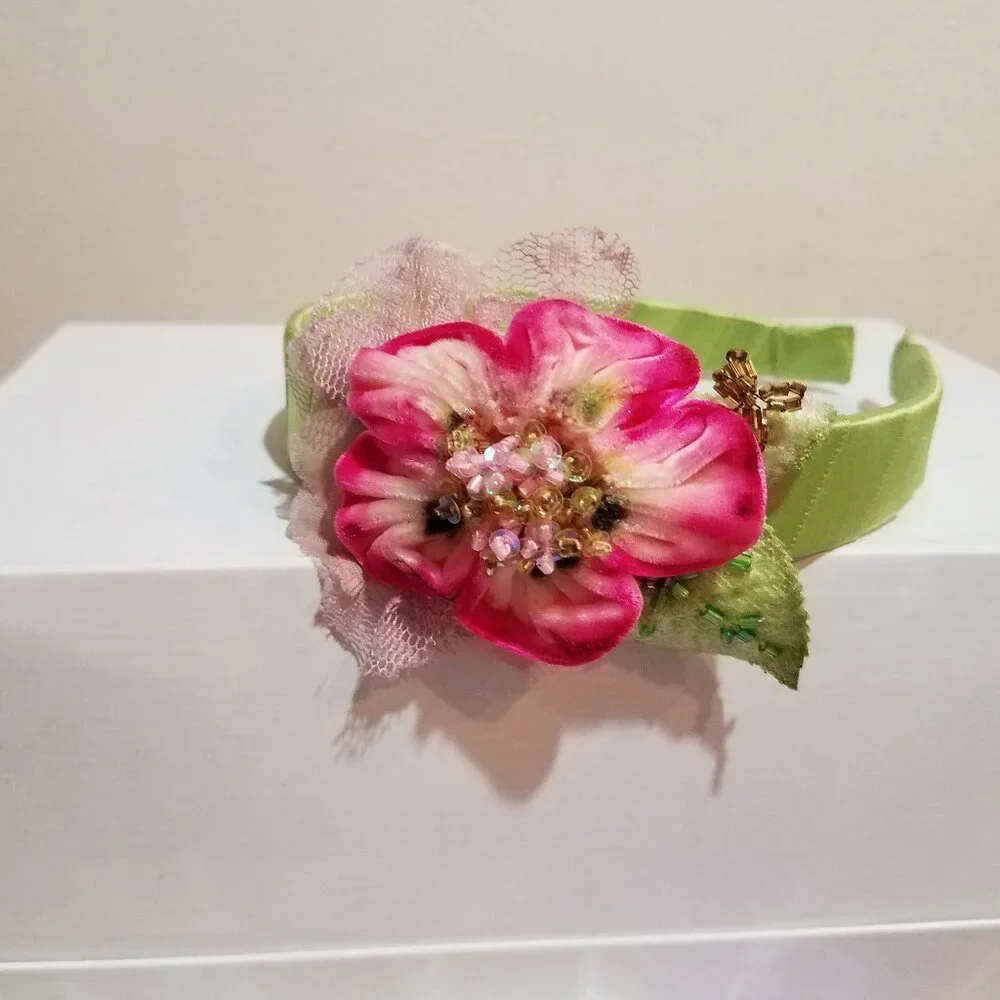 Gorgeous Hand made Designer Girls Headband Silk Velvet Beads Pink Green‎ Holiday